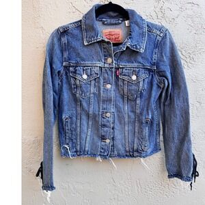 Levi Strauss NEW Womens Denim Jacket Trucker Distressed Frayed Laced Edgy